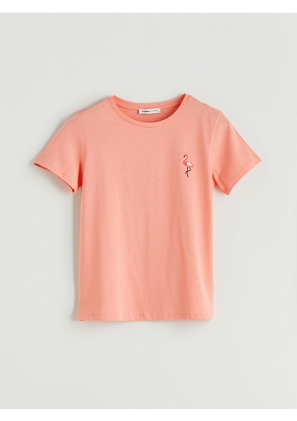 Yeni Sezon Bisiklet Yaka Flamingo Nakışlı Kadın Tişört indirimleri