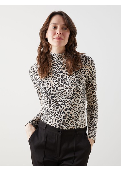 Yeni Sezon Dik Yaka Leopar Desenli Kadın Body