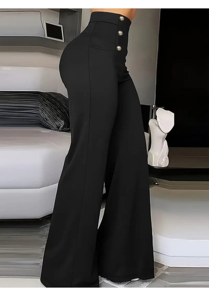 Kadın Yüksek Bel Önden Düğmeli Uzun Paçaya Doğru Geniş Ithal Krep Pantolon fiyatları