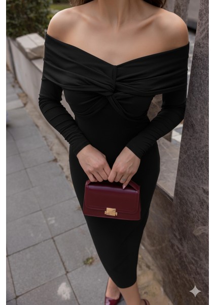 Eyesof Kadın Uzun Kollu Madonna Yaka Düğüm Büzgü Detay Maxi Boy Elblbise