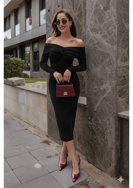 Eyesof Kadın Uzun Kollu Madonna Yaka Düğüm Büzgü Detay Maxi Boy Elblbise fiyatları