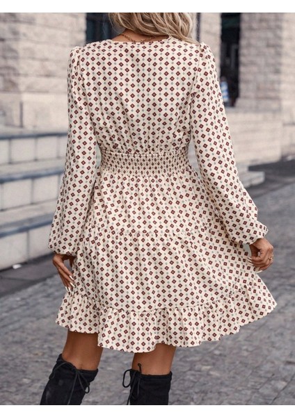 Kadın Uzun Kollu Kruvaze Yaka Desenli Mini Modal Elbise fırsatları