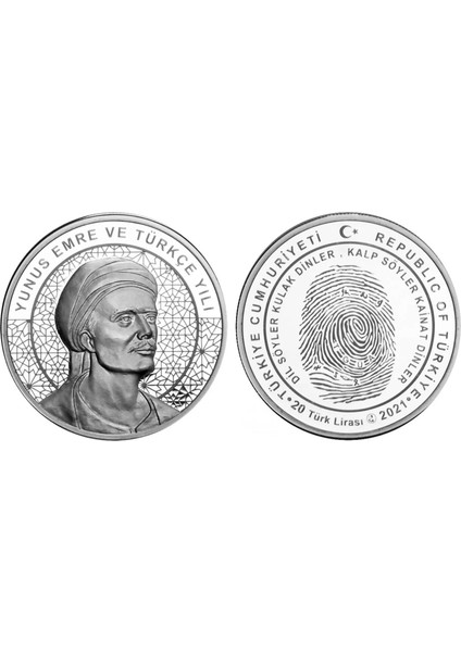 Yunus Emre ve Türkçe Yılı Hatıra 20 Lira 2021 Gümüş. 3000 Baskı. Seri Nolu Sertifikalı 31,1 gr Çil