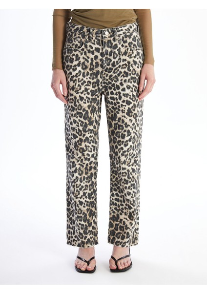Yeni Sezon Leopar Desenli Straight Fit Kadın Jean Pantolon fiyatları