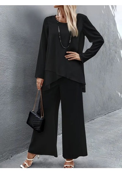 Kadın Uzun Kollu Asimetrik Detaylı Salaş Sandy Bluz ve Pantolon Ikili Takım