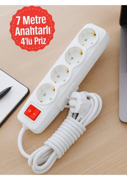 7 Metre 4'lü Anahtarlı Kablolu Topraklı Grup Priz