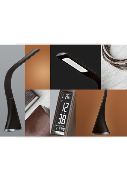 LED Masa Lambası, Göz Koruması Press Pressed Lamba Takvim Sıcaklık Çalar Saati Ofis, Yatak Odası ve Yurt, Siyah (Yurt Dışından) fiyatları