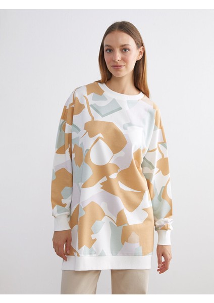 Yeni Sezon Bisiklet Yaka Desenli Kadın Sweatshirt Tunik