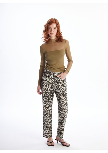 Yeni Sezon Leopar Desenli Straight Fit Kadın Jean Pantolon