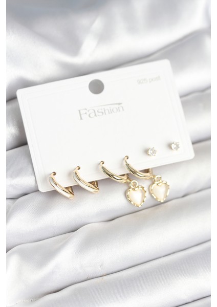 Pirinç Gold Renk Kalp Detaylı 925 Ayar Gümüş Çivili Kadın Küpe Seti - Lisinya