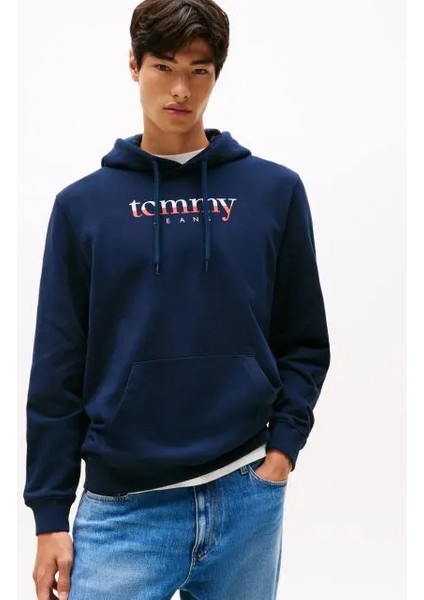 Tommy Hılfıger Erkek Marka Logolu Kapüşonlu Şık Görünüşlü Lacivert Sweatshirt DM0DM22113 C1G