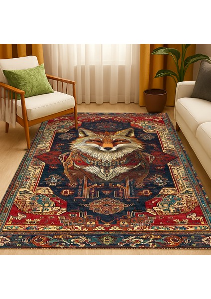 Bohem Halı, Lacivert Kırmızı Hayvan Motifli, Kaymaz Taban, Yumuşak Dokulu fiyatları