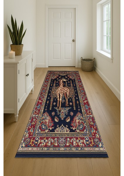 Makinede Yıkanabilir Zürafa Desenli Kırmızı-Lacivert Salon Halısı, Kaymaz Tabanlı Bohem Halı
