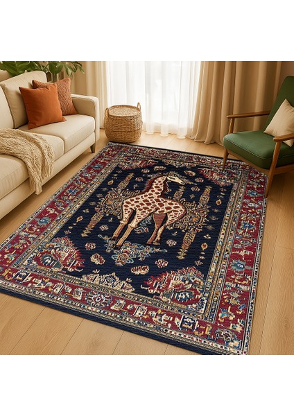 Makinede Yıkanabilir Zürafa Desenli Kırmızı-Lacivert Salon Halısı, Kaymaz Tabanlı Bohem Halı