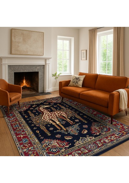 Makinede Yıkanabilir Zürafa Desenli Kırmızı-Lacivert Salon Halısı, Kaymaz Tabanlı Bohem Halı fiyatları