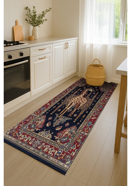 Makinede Yıkanabilir Zürafa Desenli Kırmızı-Lacivert Salon Halısı, Kaymaz Tabanlı Bohem Halı indirimleri