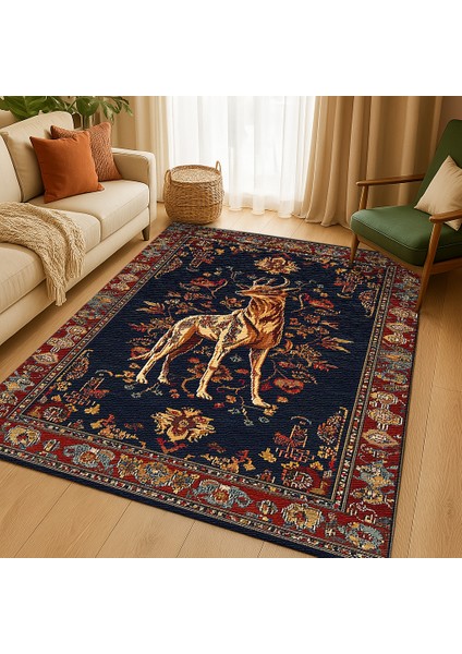 Bohem Stil Hayvan Figürlü Halı, Lacivert ve Kırmızı Renk, Salon Halısı, Polyester ve Kolay Yıkanabilir