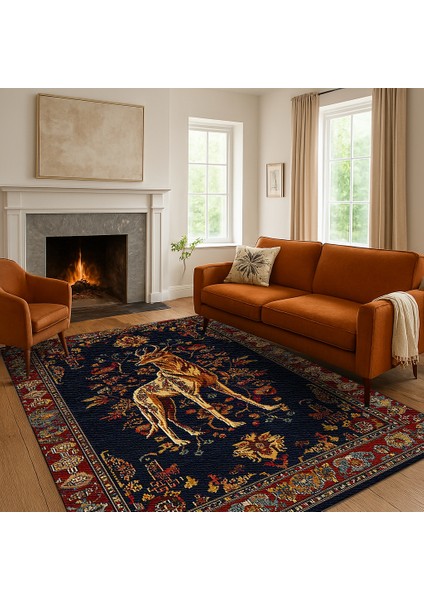 Bohem Stil Hayvan Figürlü Halı, Lacivert ve Kırmızı Renk, Salon Halısı, Polyester ve Kolay Yıkanabilir fiyatları