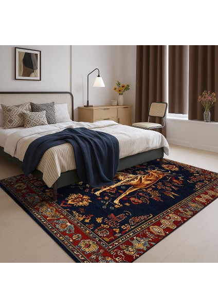 Bohem Stil Hayvan Figürlü Halı, Lacivert ve Kırmızı Renk, Salon Halısı, Polyester ve Kolay Yıkanabilir modelleri