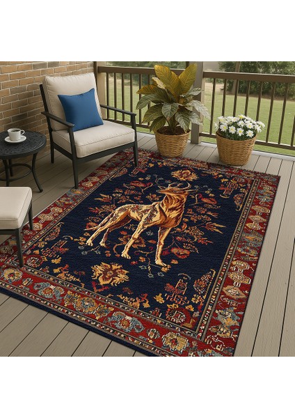 Bohem Stil Hayvan Figürlü Halı, Lacivert ve Kırmızı Renk, Salon Halısı, Polyester ve Kolay Yıkanabilir