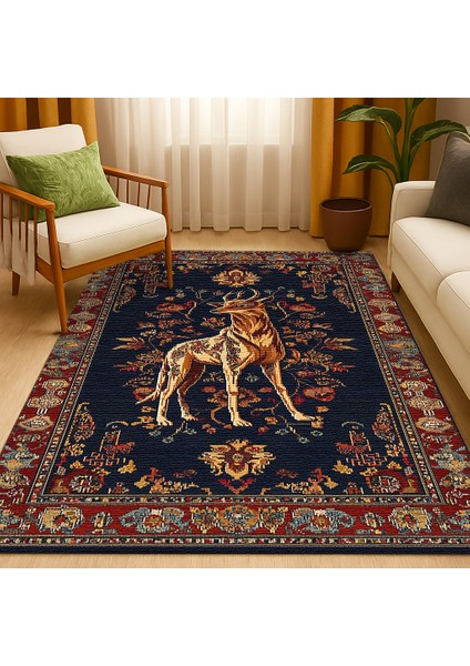 Bohem Stil Hayvan Figürlü Halı, Lacivert ve Kırmızı Renk, Salon Halısı, Polyester ve Kolay Yıkanabilir