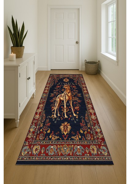 Bohem Stil Hayvan Figürlü Halı, Lacivert ve Kırmızı Renk, Salon Halısı, Polyester ve Kolay Yıkanabilir