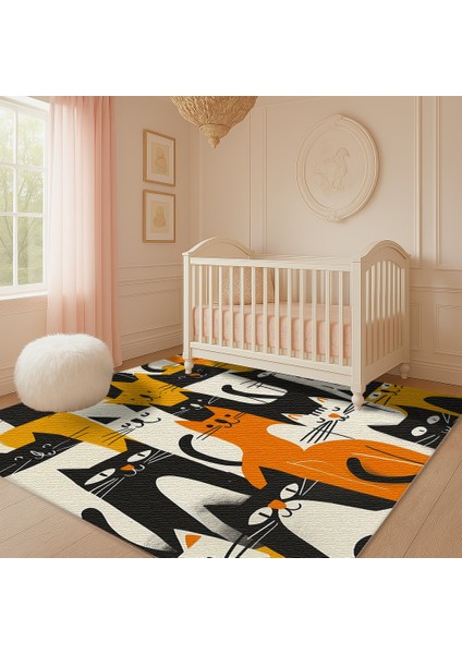 Kedi Desenli Çocuk Halısı, Siyah, Sarı ve Turuncu Renkli, Kaymaz Taban, Oda Dekoru