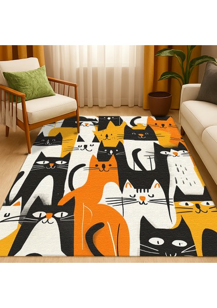 Kedi Desenli Çocuk Halısı, Siyah, Sarı ve Turuncu Renkli, Kaymaz Taban, Oda Dekoru fiyatları