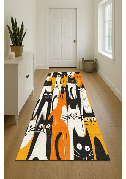 Kedi Desenli Çocuk Halısı, Siyah, Sarı ve Turuncu Renkli, Kaymaz Taban, Oda Dekoru indirimleri