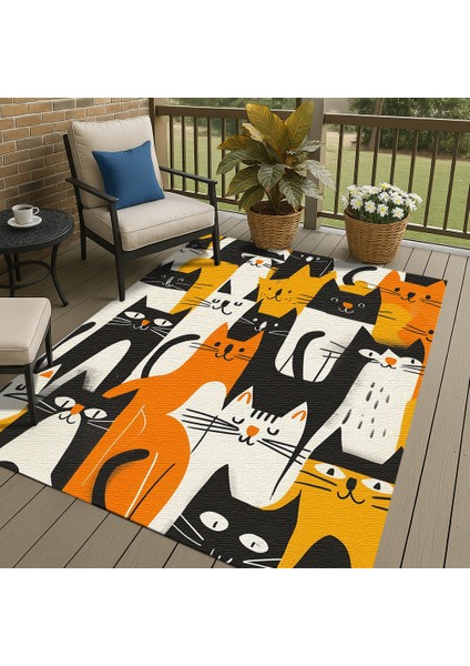 Kedi Desenli Çocuk Halısı, Siyah, Sarı ve Turuncu Renkli, Kaymaz Taban, Oda Dekoru modelleri