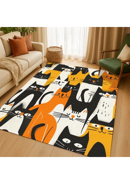 Kedi Desenli Çocuk Halısı, Siyah, Sarı ve Turuncu Renkli, Kaymaz Taban, Oda Dekoru
