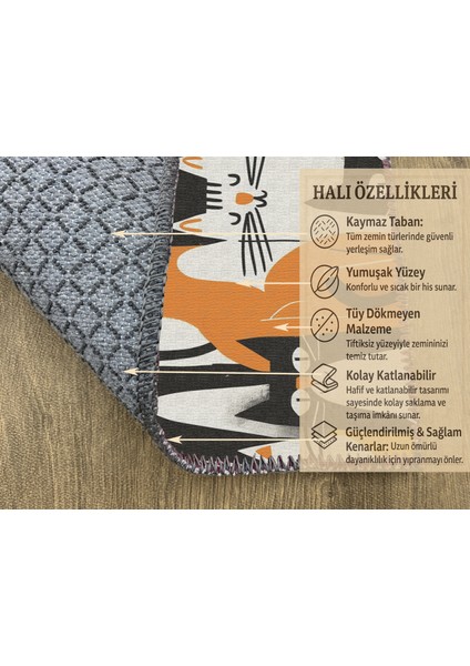 Kedi Desenli Çocuk Halısı, Siyah, Sarı ve Turuncu Renkli, Kaymaz Taban, Oda Dekoru fırsatları