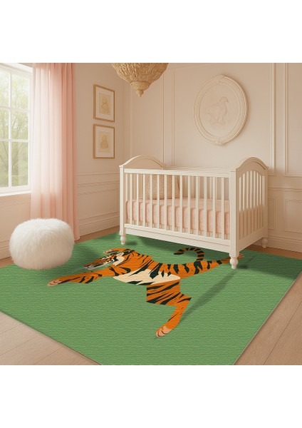 Yeşil Zeminli Kaplan Figürlü Çocuk Odası Halısı, Kaymaz Taban, Eğlenceli ve Dekoratif