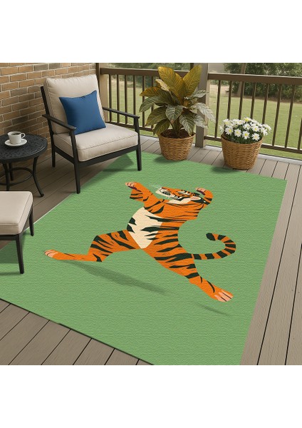 Yeşil Zeminli Kaplan Figürlü Çocuk Odası Halısı, Kaymaz Taban, Eğlenceli ve Dekoratif modelleri