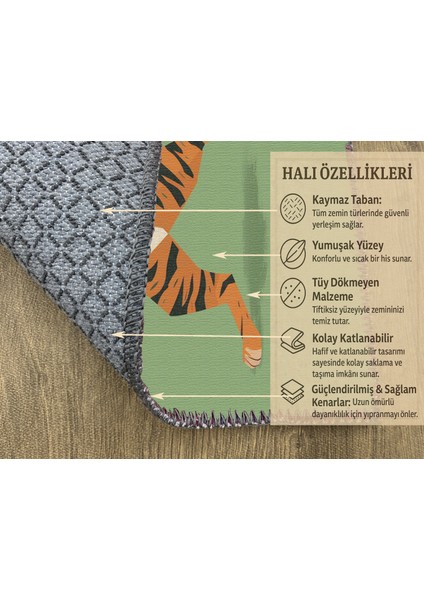 Yeşil Zeminli Kaplan Figürlü Çocuk Odası Halısı, Kaymaz Taban, Eğlenceli ve Dekoratif fırsatları