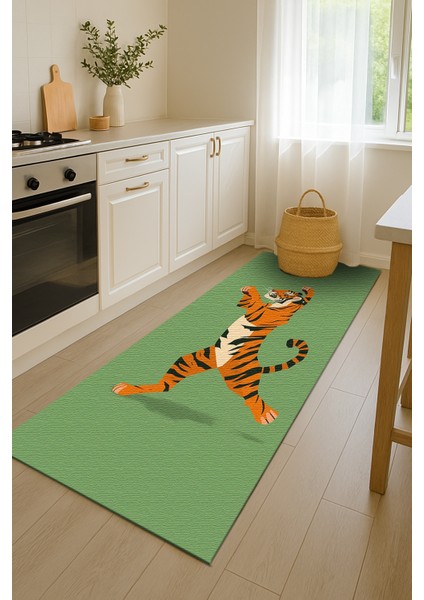 Yeşil Zeminli Kaplan Figürlü Çocuk Odası Halısı, Kaymaz Taban, Eğlenceli ve Dekoratif