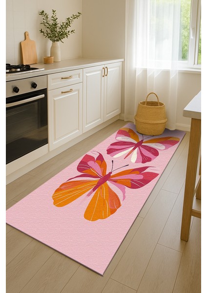 Kelebek Figürlü Pembe Çocuk Odası Halısı, Yumuşak Dokulu ve Kaymaz Tabanlı