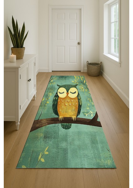 Çocuk Odası Halısı, Baykuş Figürlü, Yeşil Zemin, Kaymaz ve Yumuşak Dokulu indirimleri