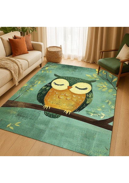 Çocuk Odası Halısı, Baykuş Figürlü, Yeşil Zemin, Kaymaz ve Yumuşak Dokulu