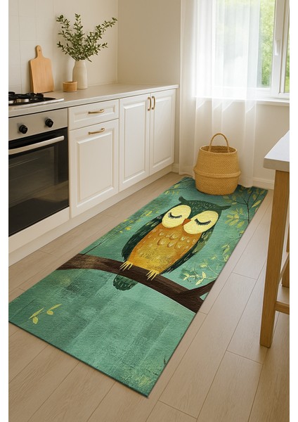 Çocuk Odası Halısı, Baykuş Figürlü, Yeşil Zemin, Kaymaz ve Yumuşak Dokulu