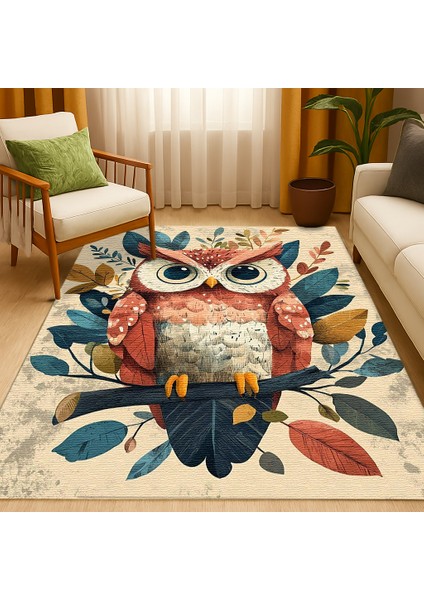 Baykuş Motifli Çocuk Halısı, Kaymaz Tabanlı, Oyun Odası İçin Eğlenceli modelleri