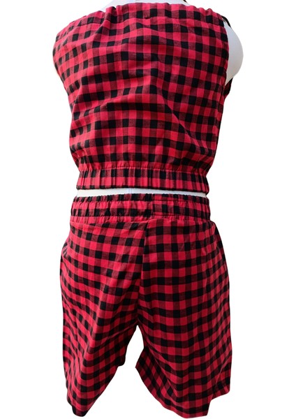 Kız Çocuk Pötikare Desenli Askılı Crop Şort İkili Takım