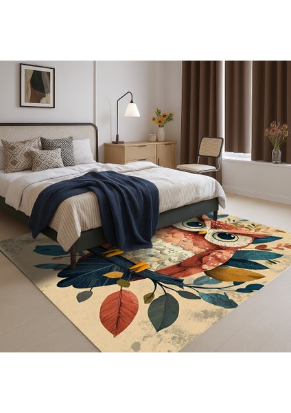 Baykuş Motifli Çocuk Halısı, Kaymaz Tabanlı, Oyun Odası İçin Eğlenceli