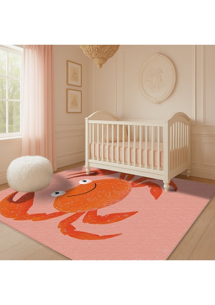 Pembe Zeminli Yengeç Desenli Çocuk Odası Halısı, Kaymaz Taban, Eğlenceli ve Dekoratif