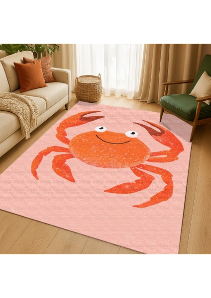 Pembe Zeminli Yengeç Desenli Çocuk Odası Halısı, Kaymaz Taban, Eğlenceli ve Dekoratif