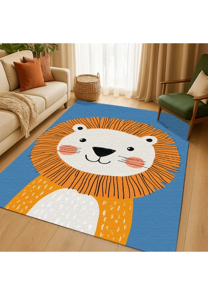 Mavi Zeminli Tatlı Aslan Figürlü Çocuk Odası Halısı, Makinede Yıkanabilir, Kaymaz Tabanlı