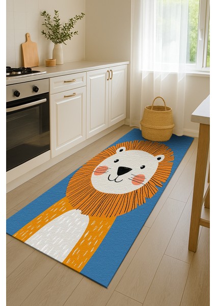 Mavi Zeminli Tatlı Aslan Figürlü Çocuk Odası Halısı, Makinede Yıkanabilir, Kaymaz Tabanlı