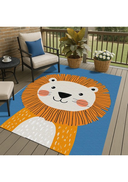 Mavi Zeminli Tatlı Aslan Figürlü Çocuk Odası Halısı, Makinede Yıkanabilir, Kaymaz Tabanlı fırsatları