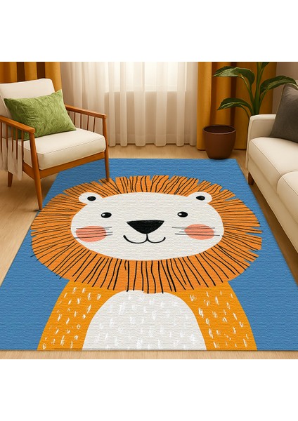 Mavi Zeminli Tatlı Aslan Figürlü Çocuk Odası Halısı, Makinede Yıkanabilir, Kaymaz Tabanlı fiyatları