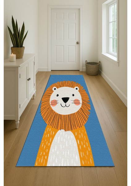 Mavi Zeminli Tatlı Aslan Figürlü Çocuk Odası Halısı, Makinede Yıkanabilir, Kaymaz Tabanlı indirimleri
